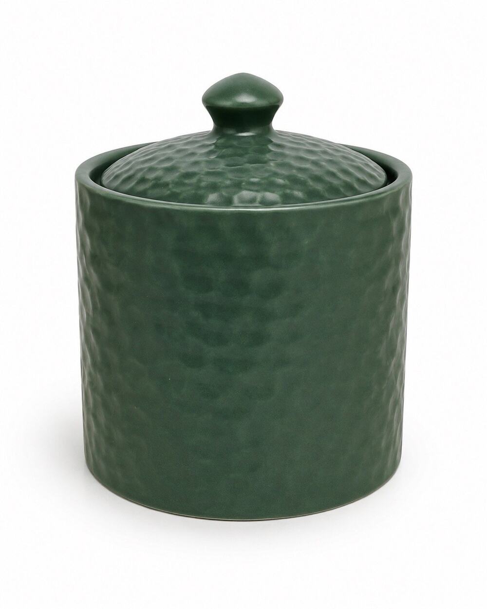 Dark Green Ceramic Cylinder Canister with Lid 4.5” Hammered Matte